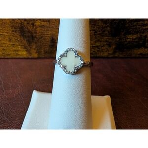 925 Sterling Silver Size 6 Clover Ring White Stone Adjustable Size Women
